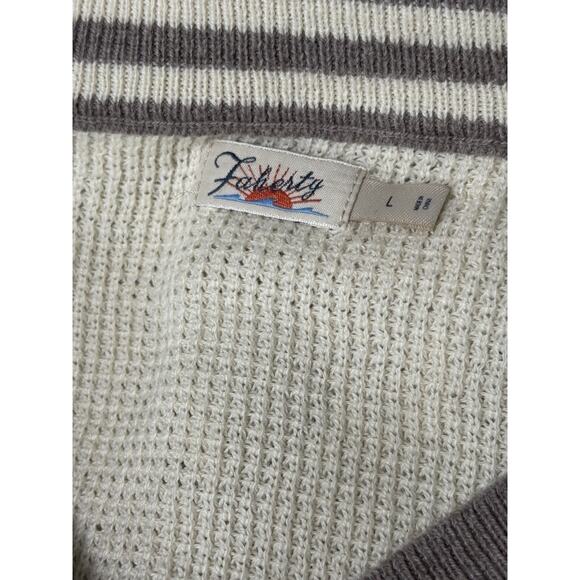 FAHERTY Throwback Waffle V-Neck Fenway Cream Brown Cashmere Cotton Size L Large - Picture 2 of 3